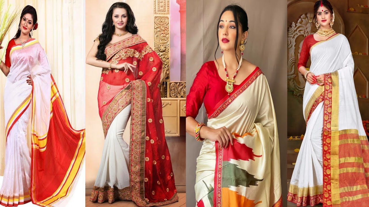New Designer White Saree With Red Border Collection / White And Red saree Designs / Durga Puja Saree