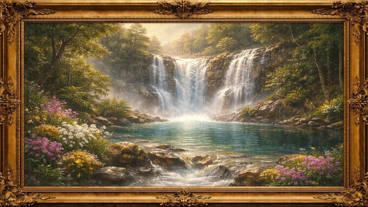 Relaxing Waterfall Landscape Painting | Nature Art for Calm & Inspiration vintage framed tv 4k