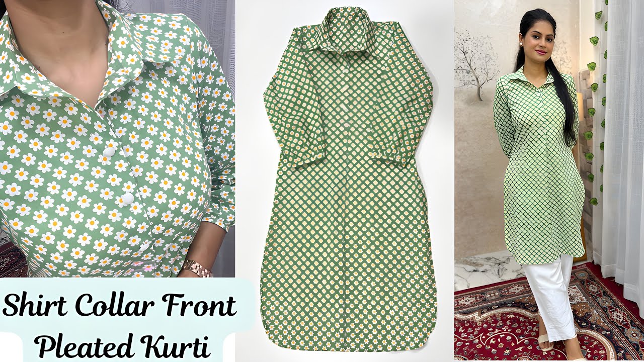 Shirt Collar Front Pleated Kurti Cutting And Stitching/Shirt Collar Cutting Stitching/Collar Kurti