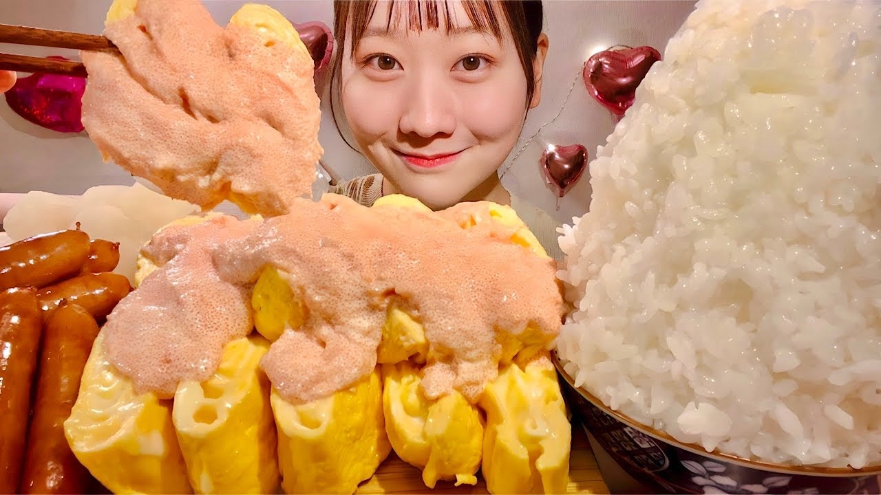 ASMR Омлет Ментайко с майонезом и сыром колбаса【русские субтитры】【Mukbang/ Eating Sounds】