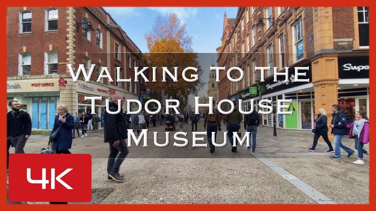 Walking to the Tudor House Museum from Worcester High Street. An English Cathedral City.