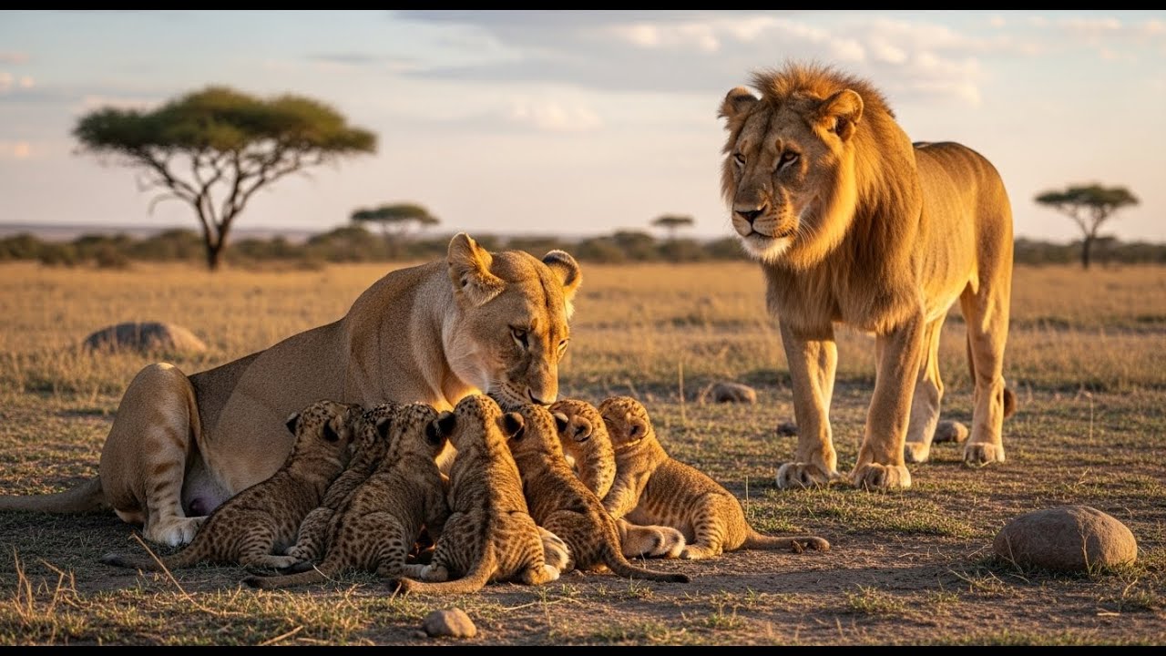 Leona echó a sus 7 trillizos con 1 hora de nacidos; luego el león padre hizo lo impensable.