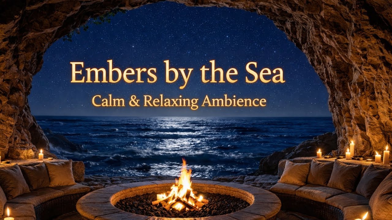 Embers by the Sea – 1 Hour of Night Fire & Ocean Calm