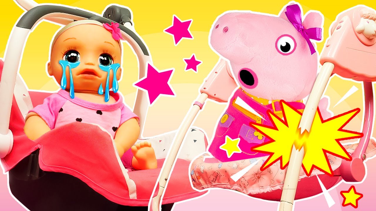Oh no, Peppa giocattolo ha rotto la culla della bambola! Video per bambini con la bambola Alive