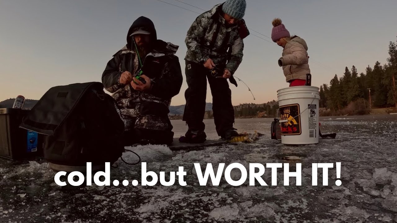 Ice fishing as a family on a cold winter day in the mountains