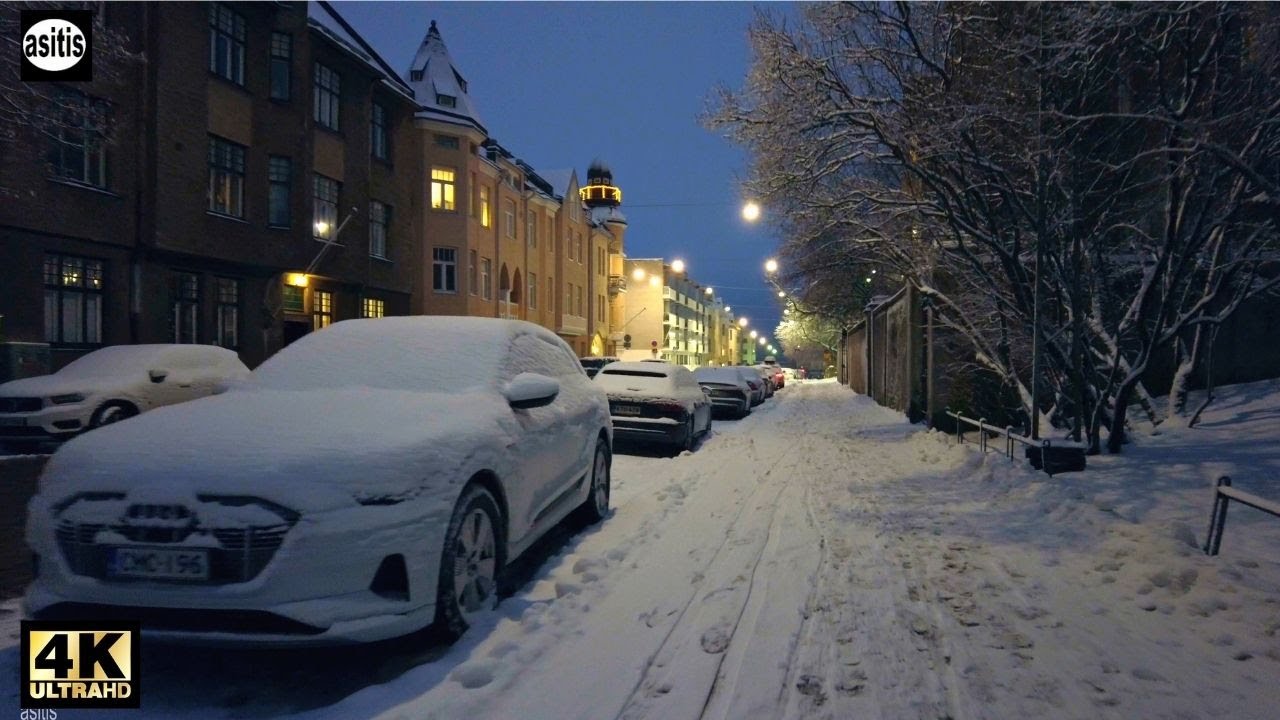 Snowy Winter Morning Walk in the Rain in Helsinki Finland - Binaural ASMR Rain Sounds