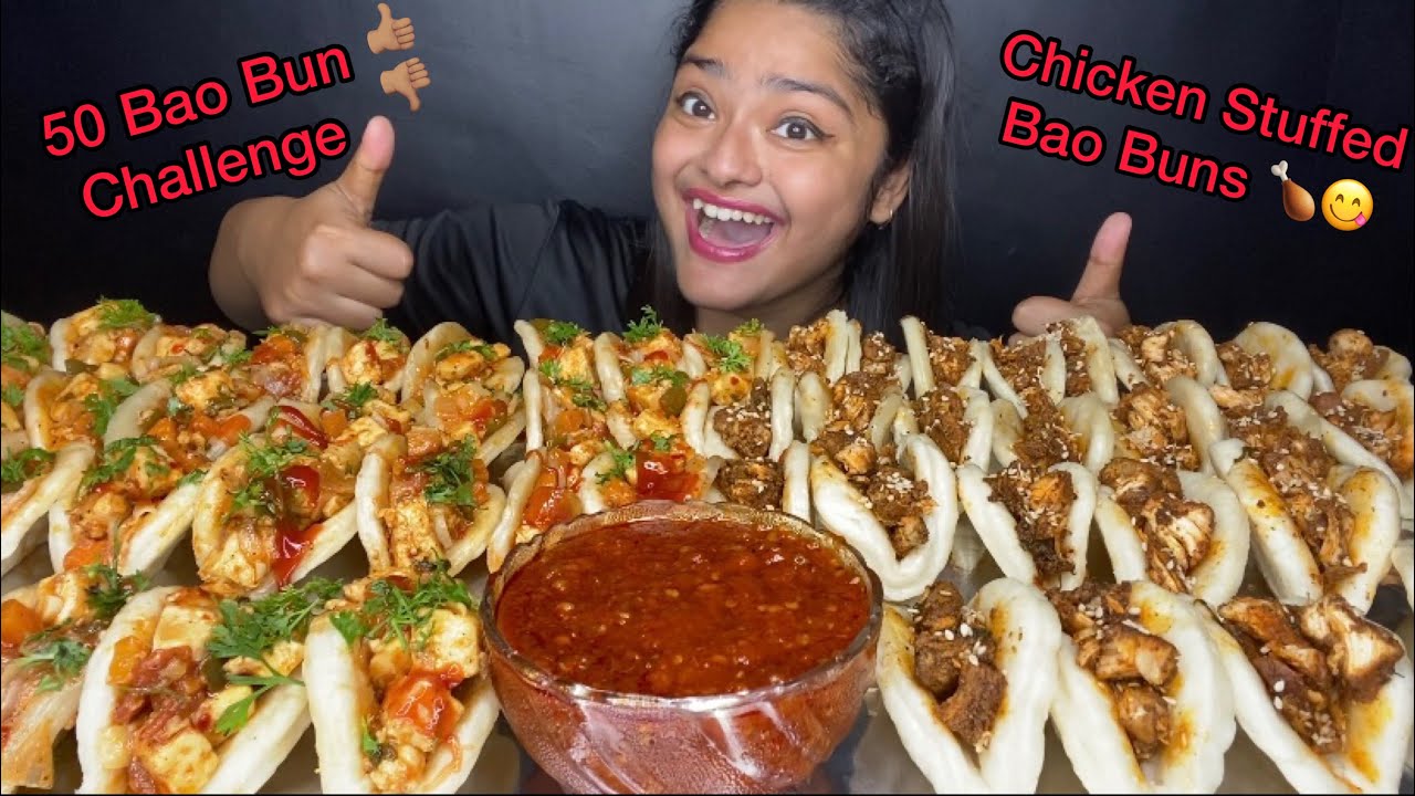 50 STUFFED BAO BUN EATING CHALLENGE 😋 CHICKEN STUFFED BAO BUNS AND PANEER STUFFED BAO BUN | MUKBANG