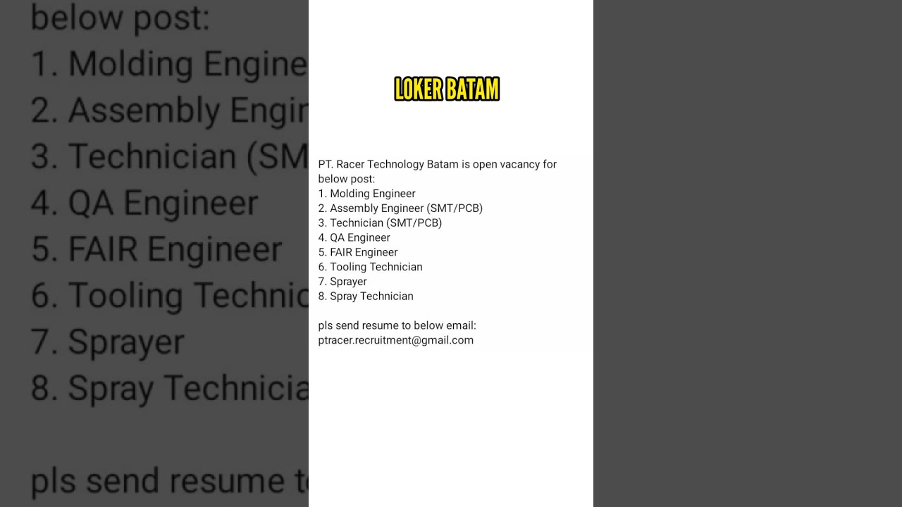 Loker Batam Hari Ini PT RACER TECHNOLOGY BATAM #shorts #fyp #lokerbatam #viral
