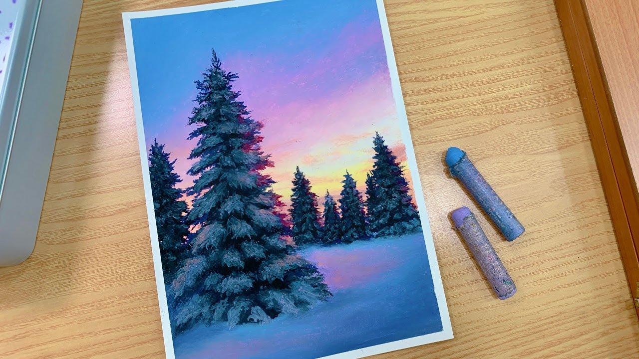 Winter drawing / oil pastel drawing / 오일파스텔로 눈 덮인 겨울 풍경 그리기