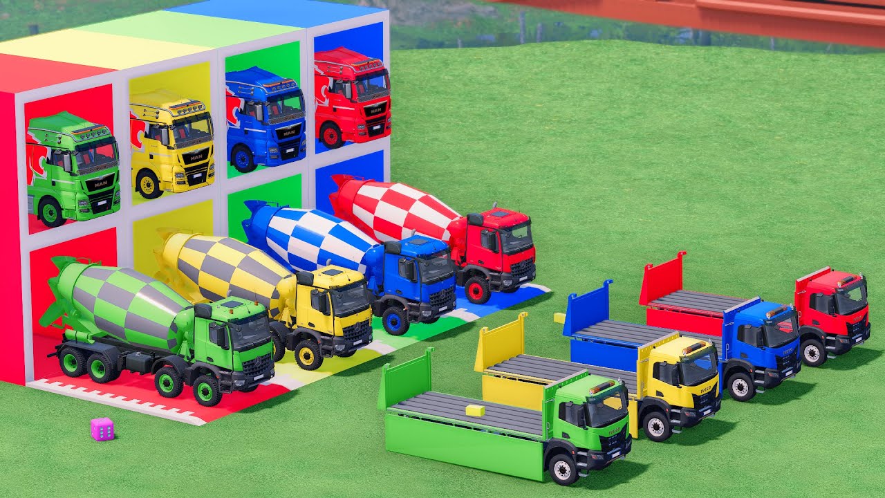 Trucks With COLORS - MERCEDES MIXER TRUCK and IVECO DUMP TRUCK with MAN FLATBED TRAILER TRUCK