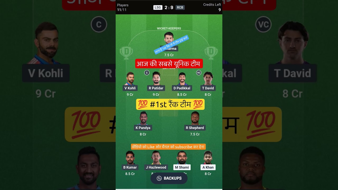 LSG VS RCB T20 Dream11 Prediction | LSG VS RCB Dream11 Team Of Today Match | LSG VS RCB dream11