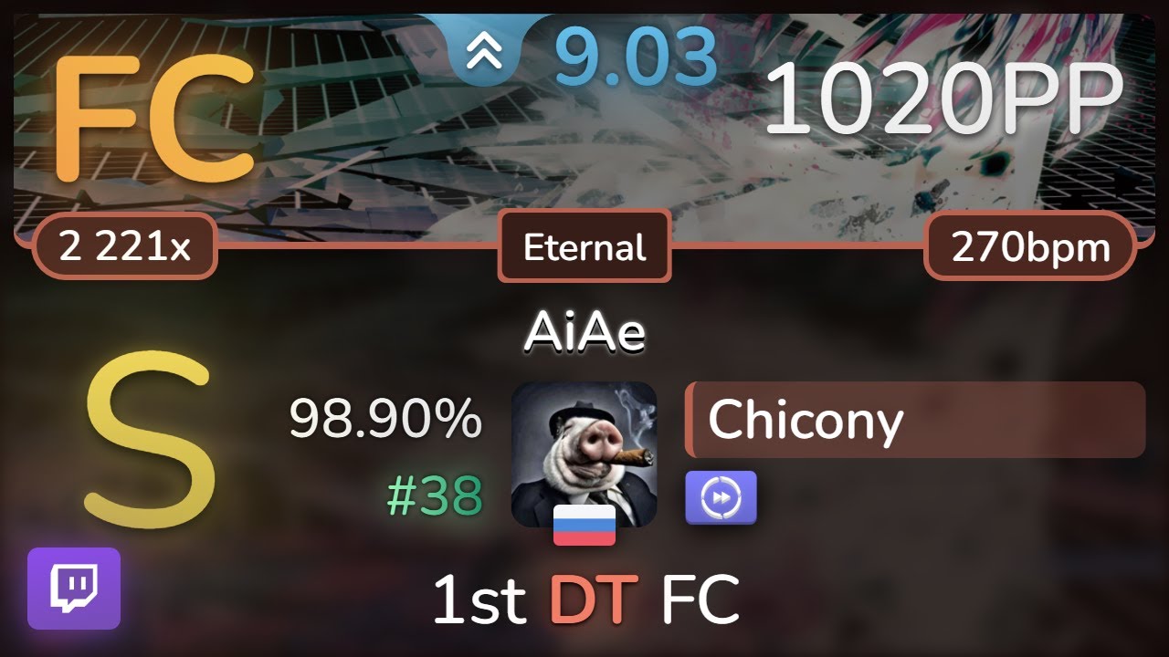 🔴 9⭐ Chicony | Yuyoyuppe - AiAe [Eternal] +DT 98.90% FC #38 | 1020pp - osu!