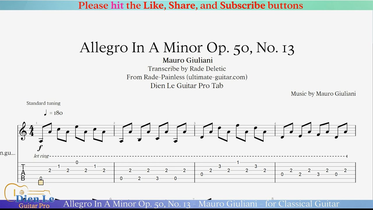 Allegro In A Minor Op. 50, No. 13 - Mauro Giuliani - for Classical Guitar with Tab