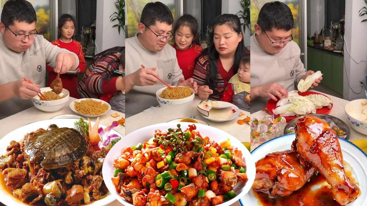 The gluttonous husband stole the food, but the daughter cleverly tricked him back贪吃的老公抢走食物，女儿一招就将其骗来