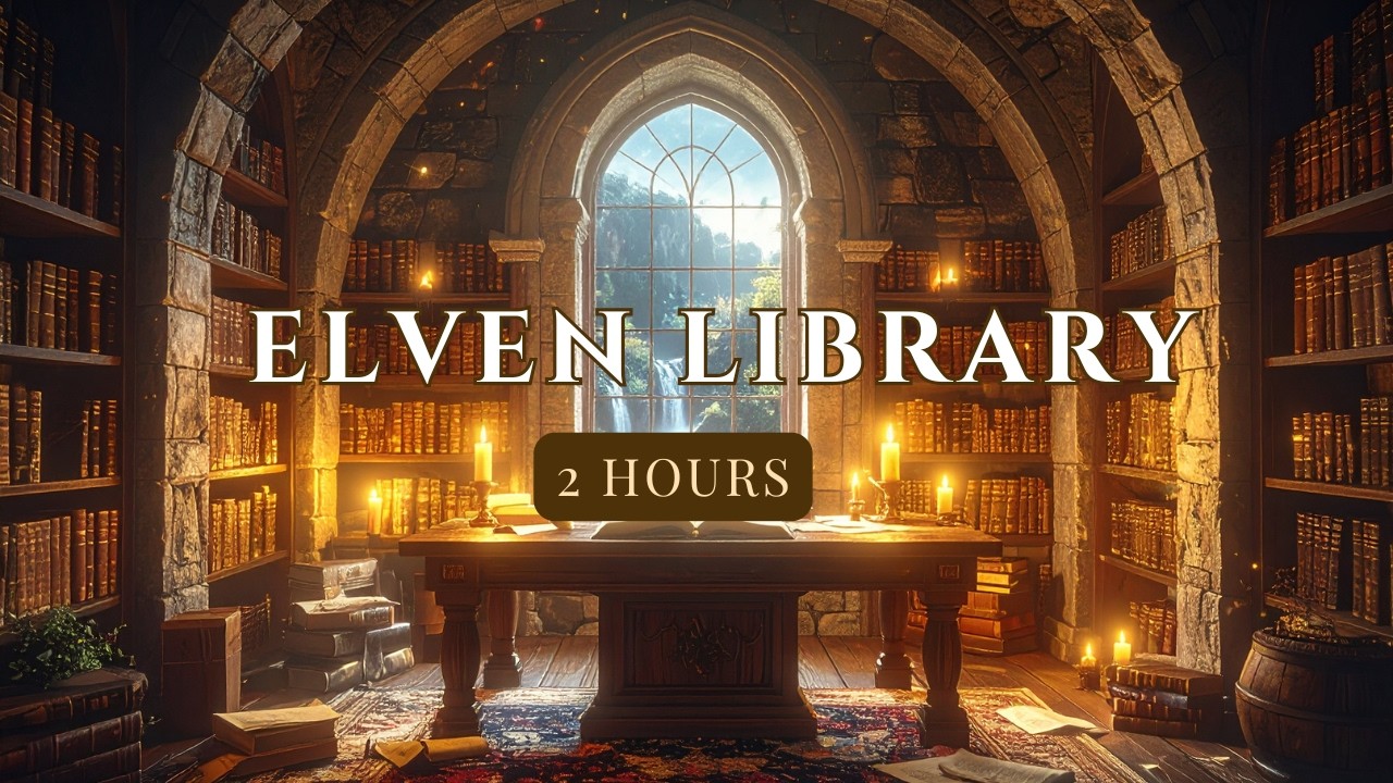 Fantasy Scholar's Study | Magical Library with Waterfall Sounds for Focus