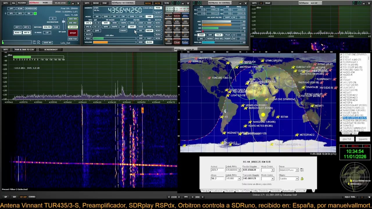 Satélite RS-44, 435.640 MHz, Antena Vinnant TUR435/3-S, recibido en España el 11/01/2026 10:30 UTC.