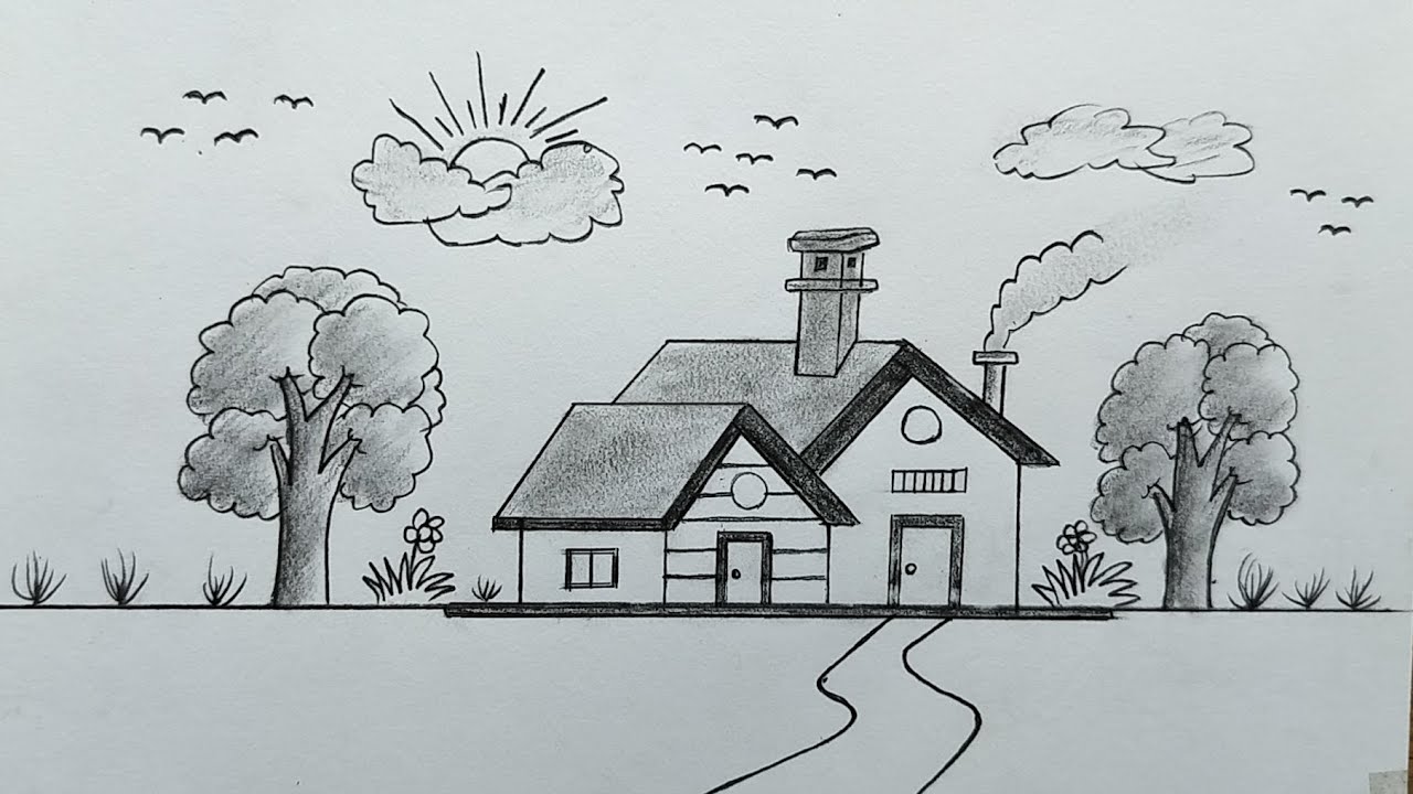  How to draw a house with pencil/ Ghar ka chitra kaise banate hai/ house drawing easy with pencil 