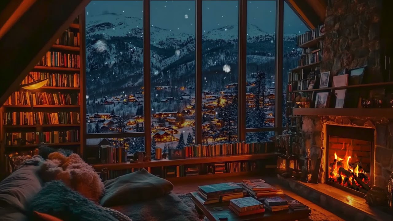 Soft Piano Playing in a Snowy Cabin as the Fireplace Glows Through the Night