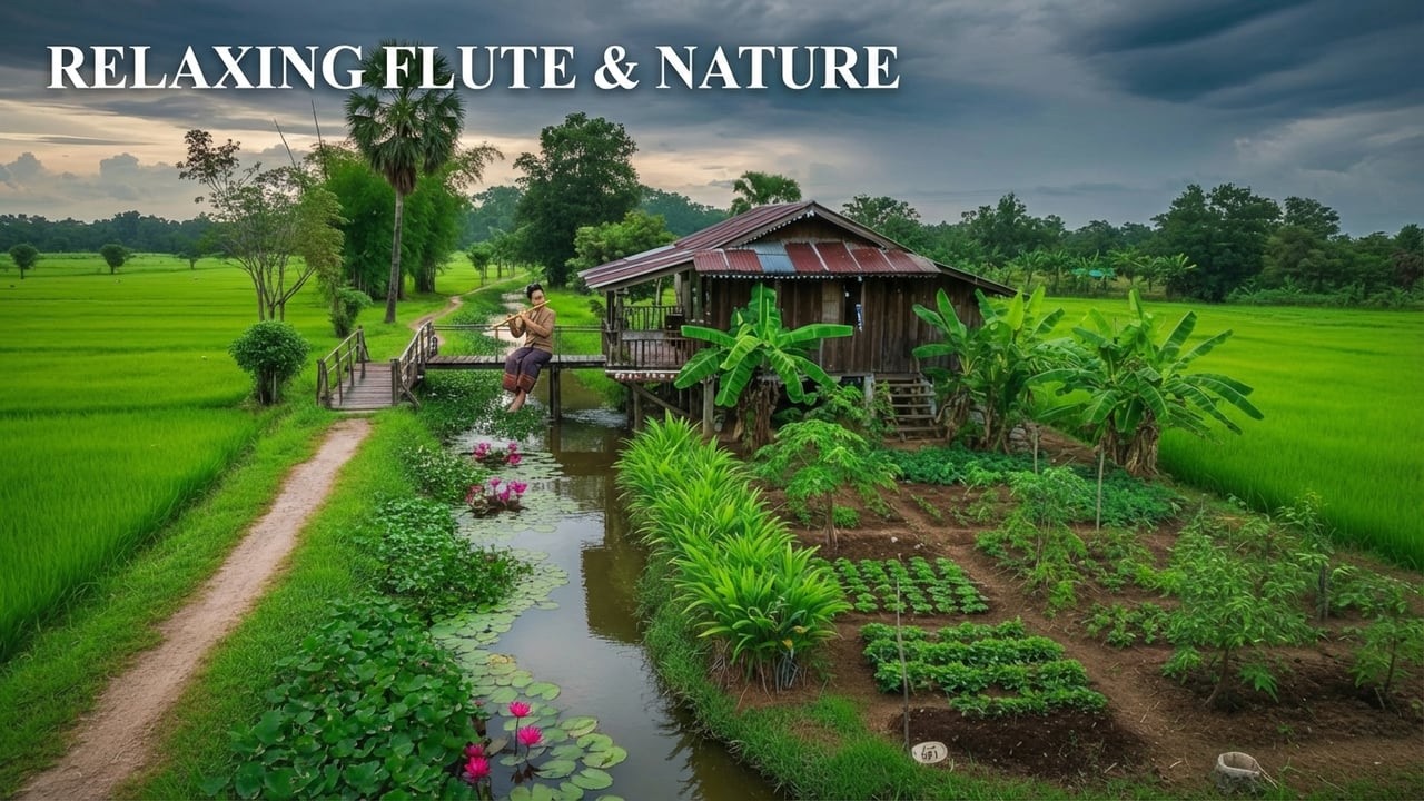 Tranquil Paddy Fields at Sunset | Stress Relief Nature Music | សំលេងខ្លុយស្តាប់ហើយនឹកអតីតកាល​