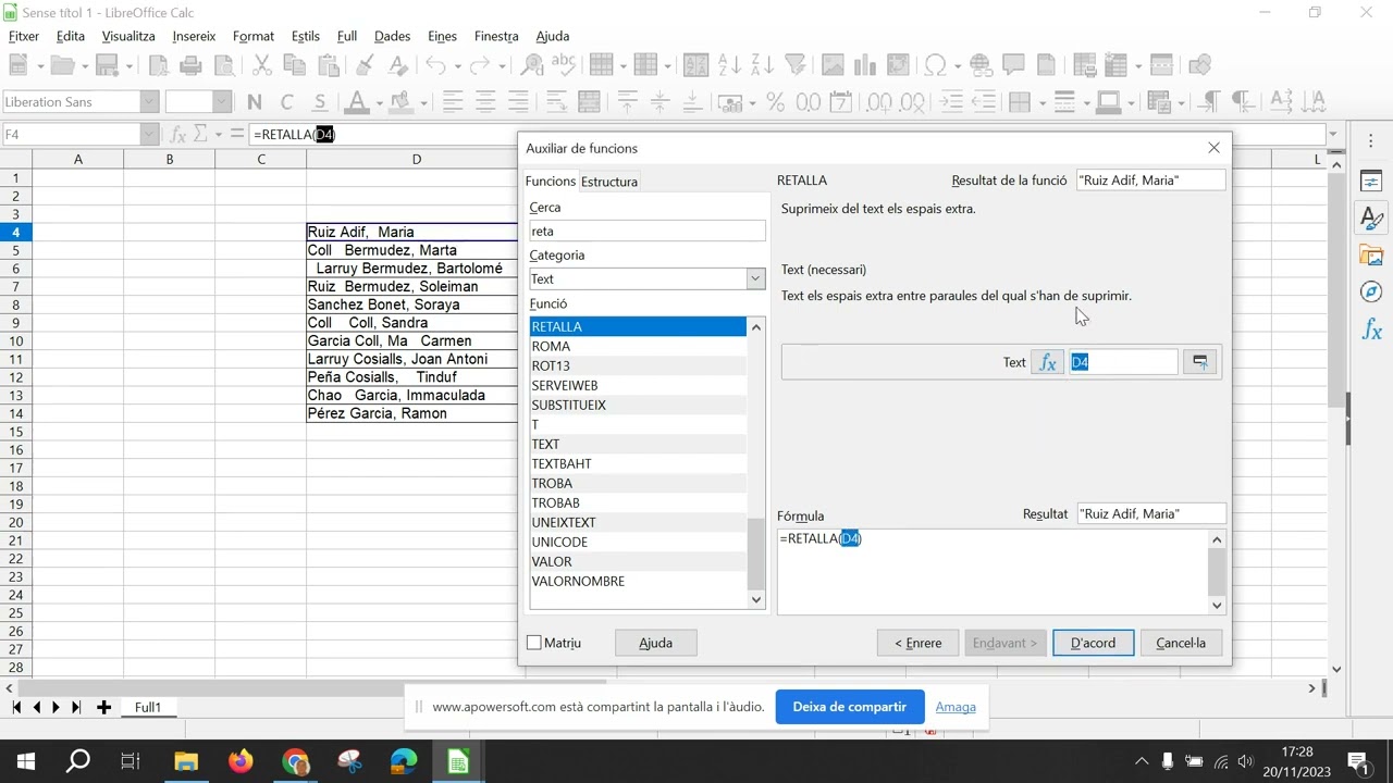 FUNCIÓ RETALLA LIBREOFFICE CALC