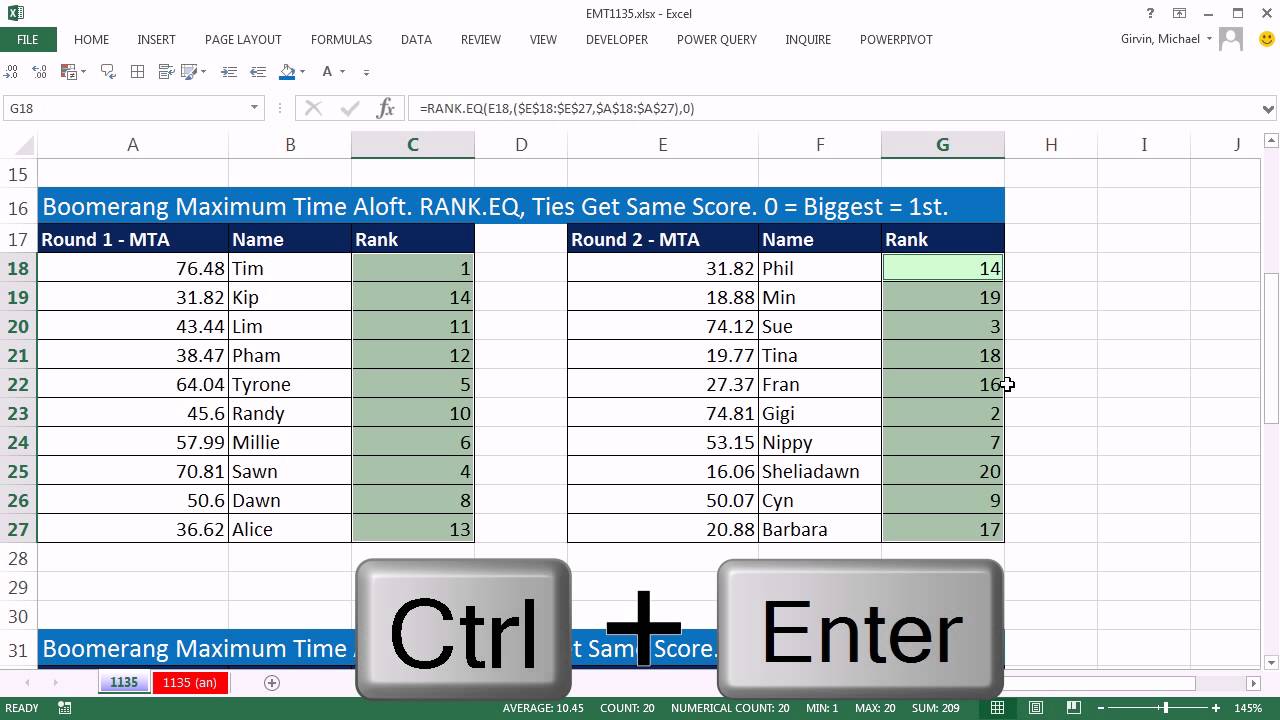 Excel Magic Trick 1135: Rank Values From Two Columns: RANK.AVE, RANK.EQ & RANK Functions