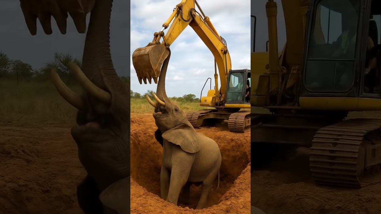 excavator try save elephant