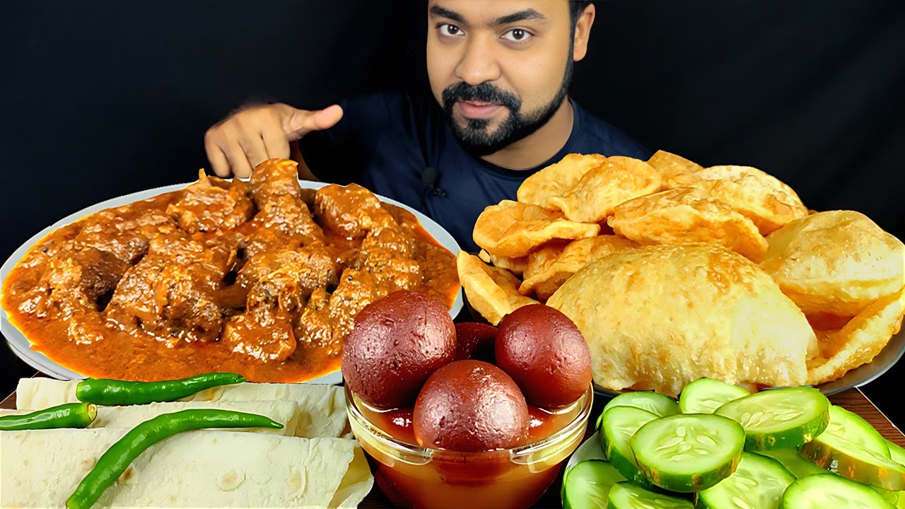 SHAHI MUTTON REZALA, SOFT LUCHI, ROTI/ CHAPATI, GULAB JAMUN, SALAD, CHILI MUKBANG ASMR EATING SHOW |
