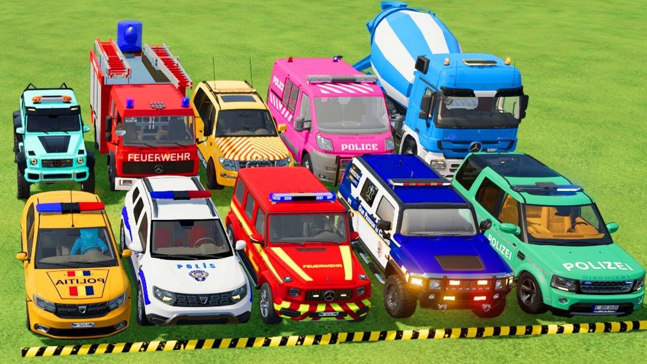 TRANSPORTING POLICE CARS, AMBULANCE, FIRE TRUCK, COLORFUL CARS WITH TRUCK -FARMING SIMULATOR 22!