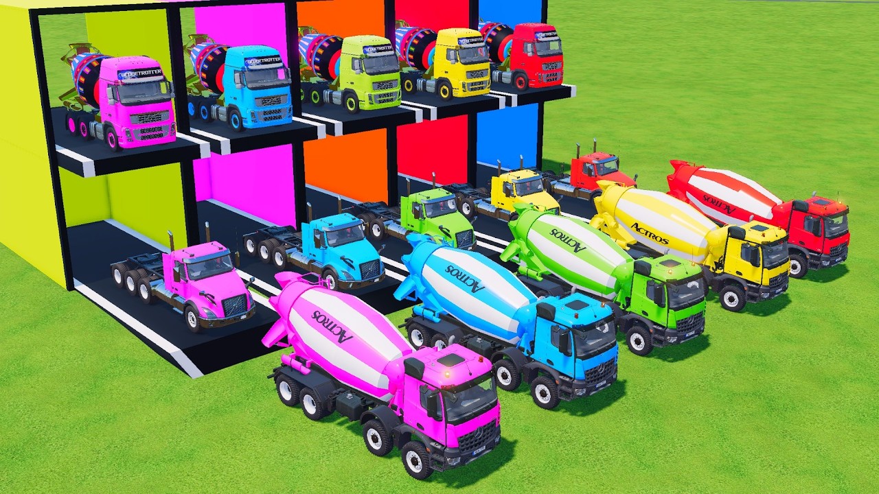 Trucks With COLORS - MERCEDES MIXER TRUCK and IVECO DUMP TRUCK with MAN FLATBED TRAILER TRUCK FF22