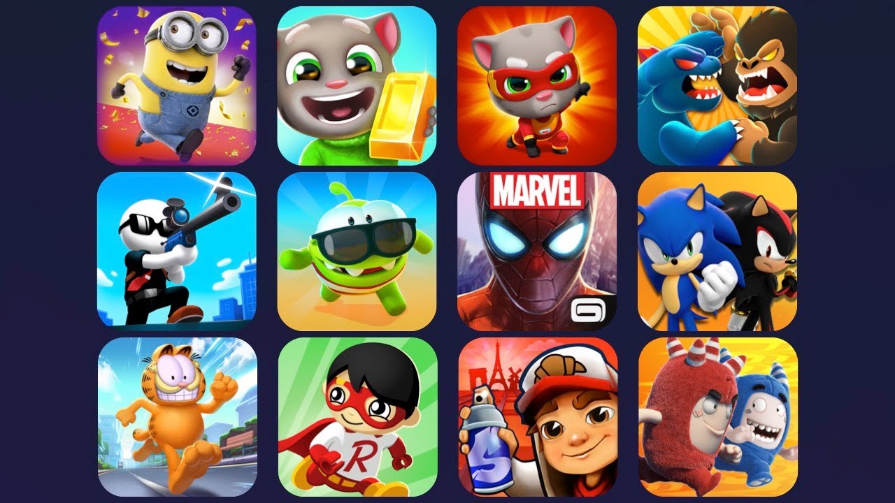 Minion Rush, Talking Tom, Gold Run, Hero Dash, Kaiju Run, Sniper, Om Nom, Spiderman, Sonic, Oddbods