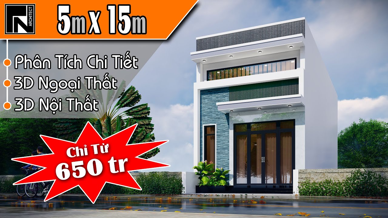 TNA138 - Mẫu nhà gác lửng 5x15m 2 tầng hiện đại 3 phòng ngủ | Kiến trúc TN