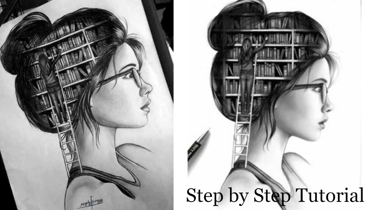 How to draw a girl with books/library in head  || Creative art || Double exposure drawing