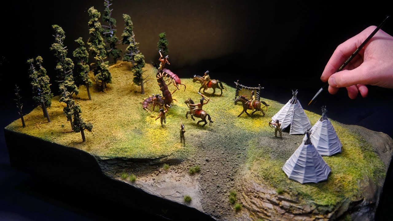Disgusting Giant Centipede Fights Native Warriors Diorama