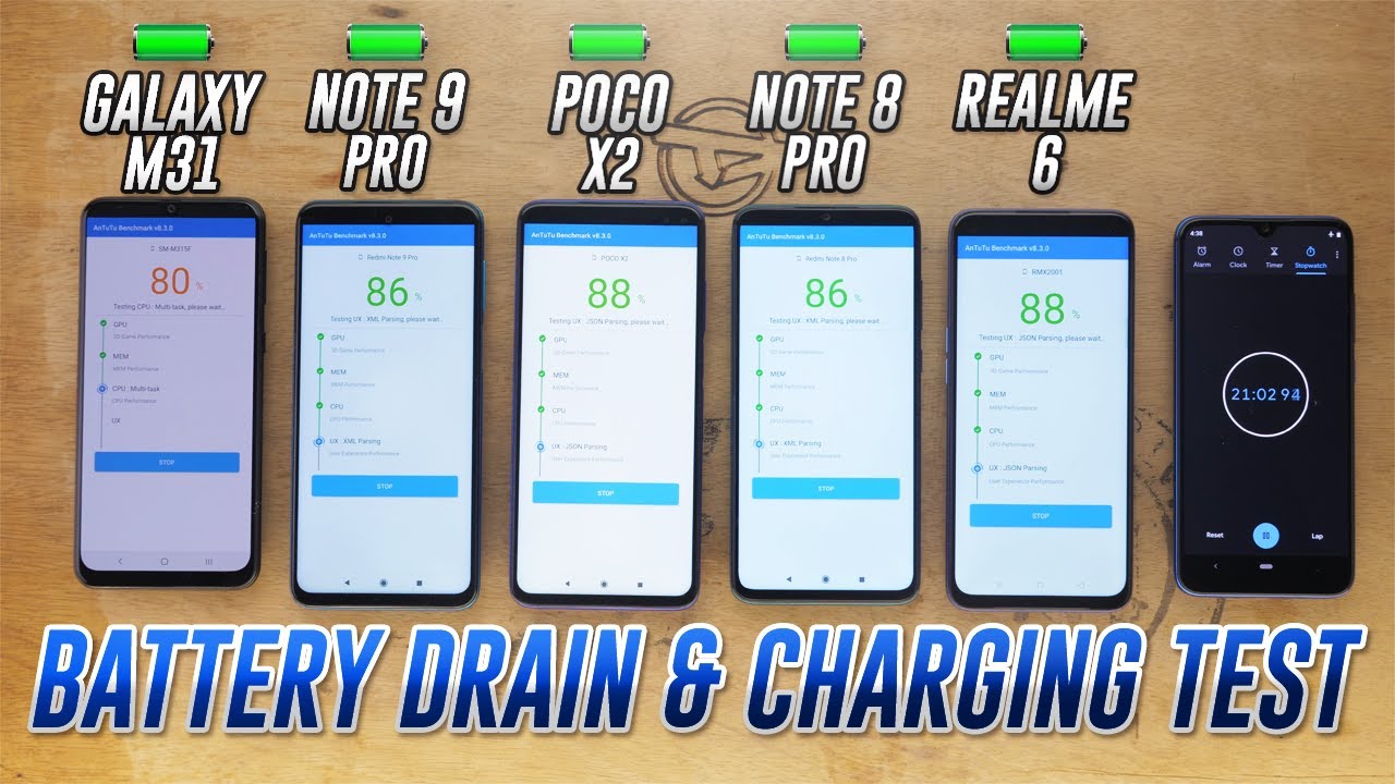POCO X2 vs Note 9 Pro vs Note 8 Pro vs Realme 6 vs Galaxy M31 Battery DRAIN & CHARGING test!