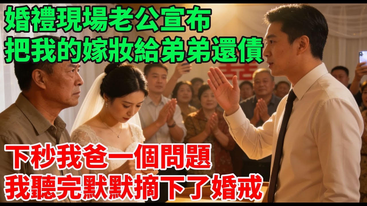 婚禮現場老公宣佈把我的嫁粧給弟弟還債，婆家掌聲雷動。我爸只問：“他欠了多少？你打算一直給他還？”我聽完，默默摘下了婚戒#家庭倫理劇#婆媳關係#人性真相#女頻爽文