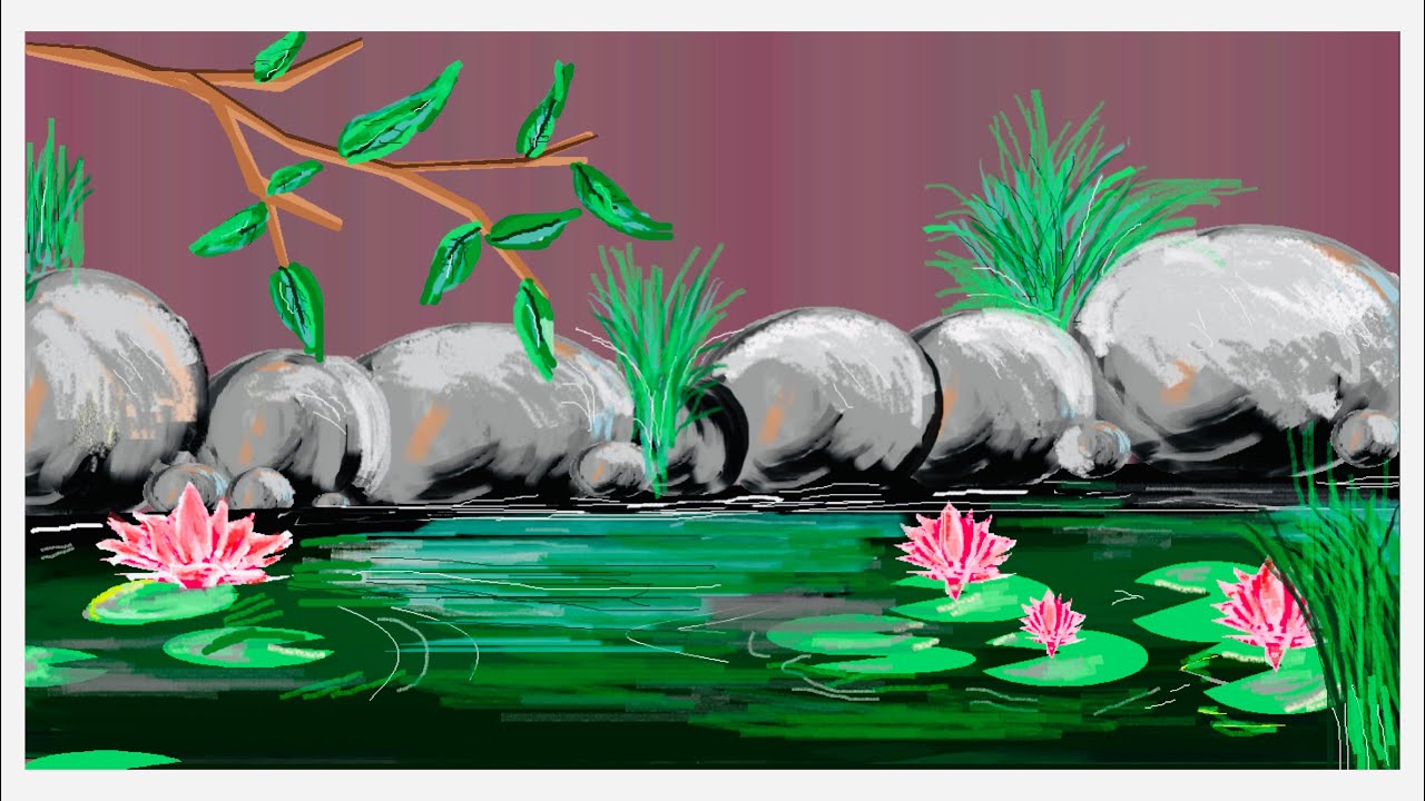 How to draw - Riverside with rocks |nature drawing | Computer drawing|ms paint