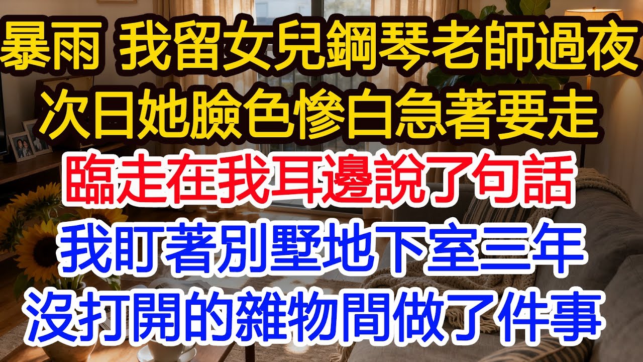 大暴雨我留女兒鋼琴老師在家過夜，第二天她臉色慘白急著要走，臨走在我耳邊說了句話，我頓時冒出冷汗，盯著別墅地下室三年沒打開的雜物間，做了件事。 #為人處世 #正能量 #故事分享 #生活經驗 #情感