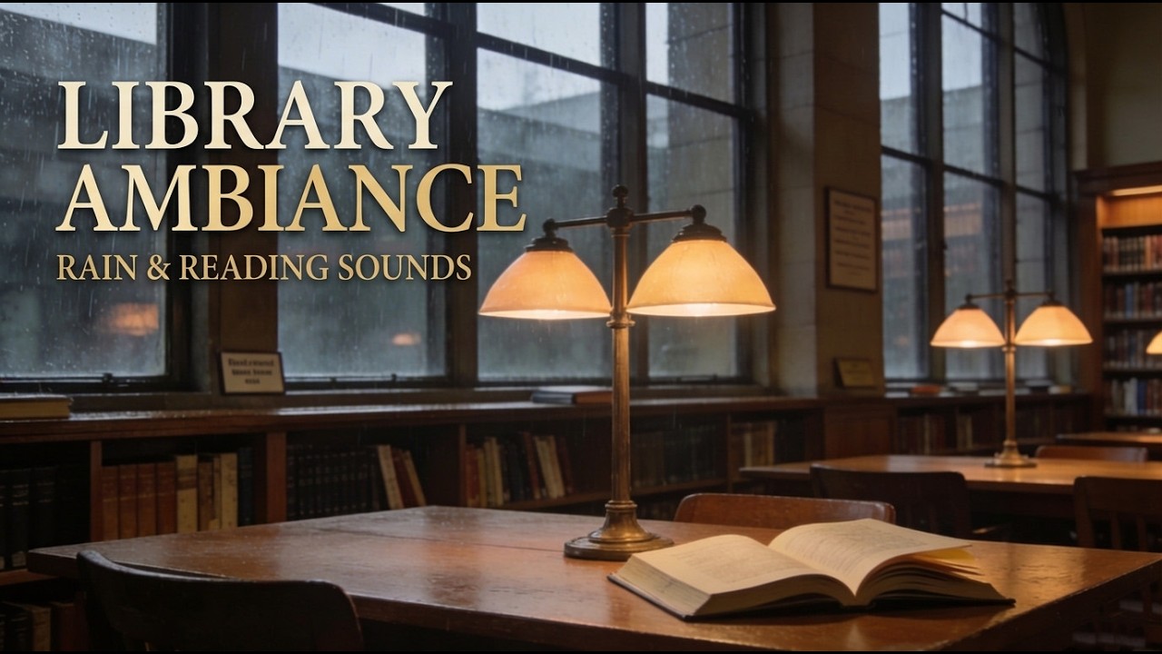 Library ambience with soft rain outside (6 Hours) | Sleep, Study, Relax