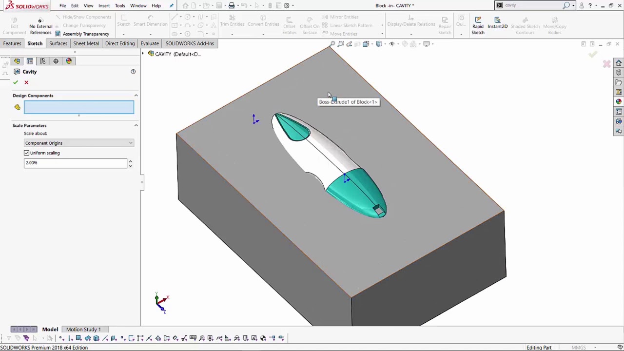 SOLIDWORKS — элемент «Полость» в режиме сборки