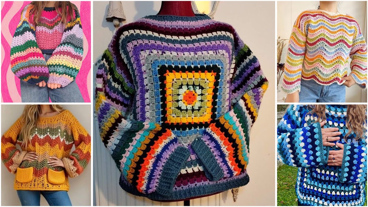 Очень красивые идеи дизайна разноцветных вязаных свитеров крючком 🧶 #вязаныесвитеры