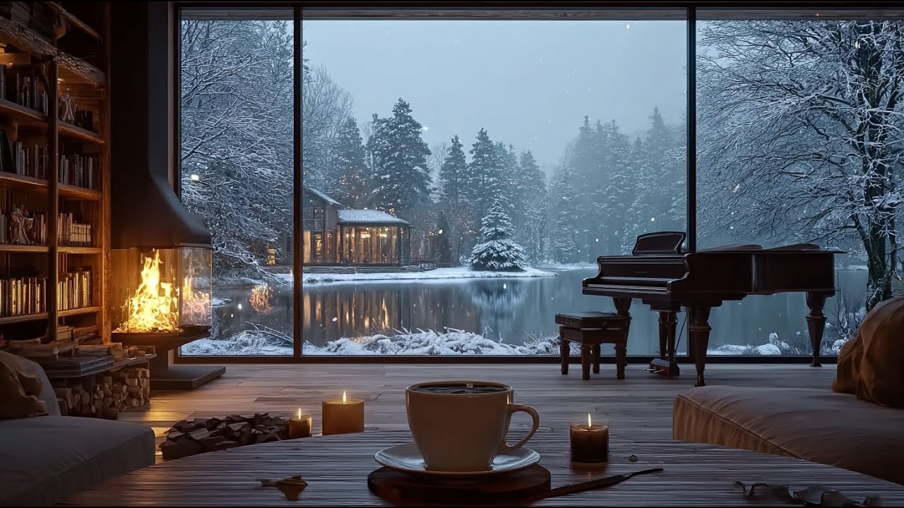 Soft Jazz Piano for Study & Work | Cozy Fireplace & Snowy Lake Winter View