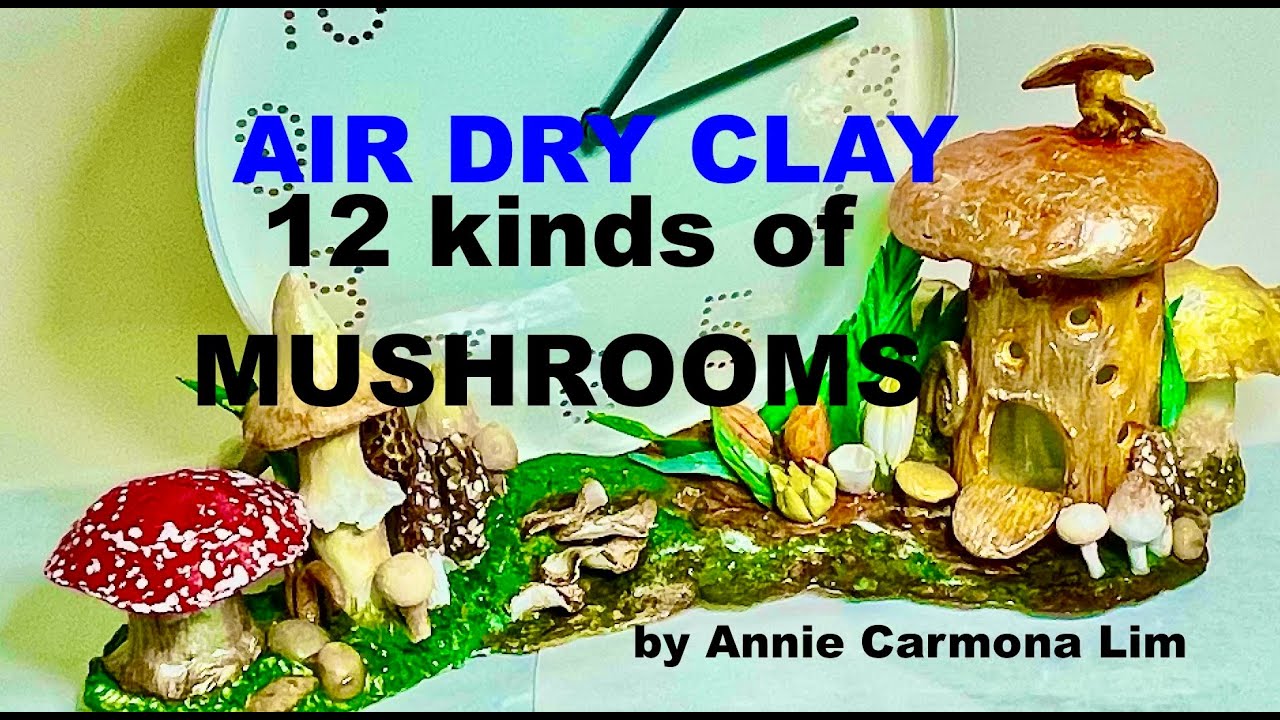 Air Dry Clay MUSHROOM with lighted clock. 12 different kinds of mushroom clay. How to form and color