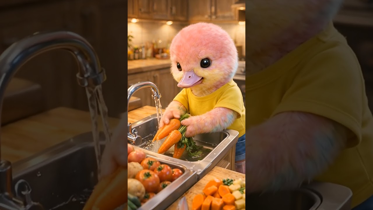 Duckling prepares soup with vegetables 🦆