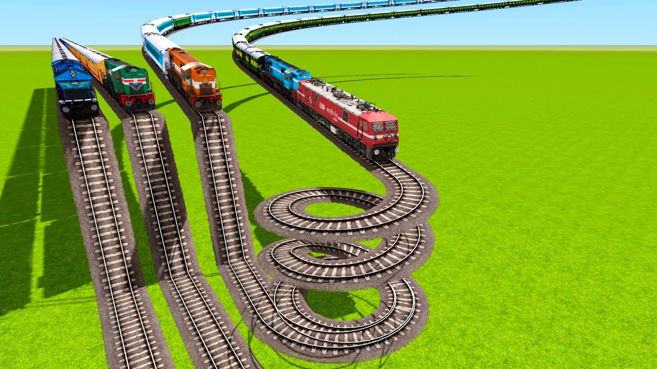 TWO HIGH SPEED TRAINS VS SPIRING ROLLER TRACKS AND STAIR RAILWAY TRACKS CROSSING|Train simulator|