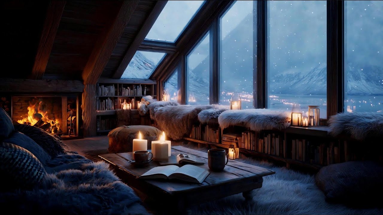Quiet Winter Night • Snowfall, Firelight & Cozy Cabin Ambience
