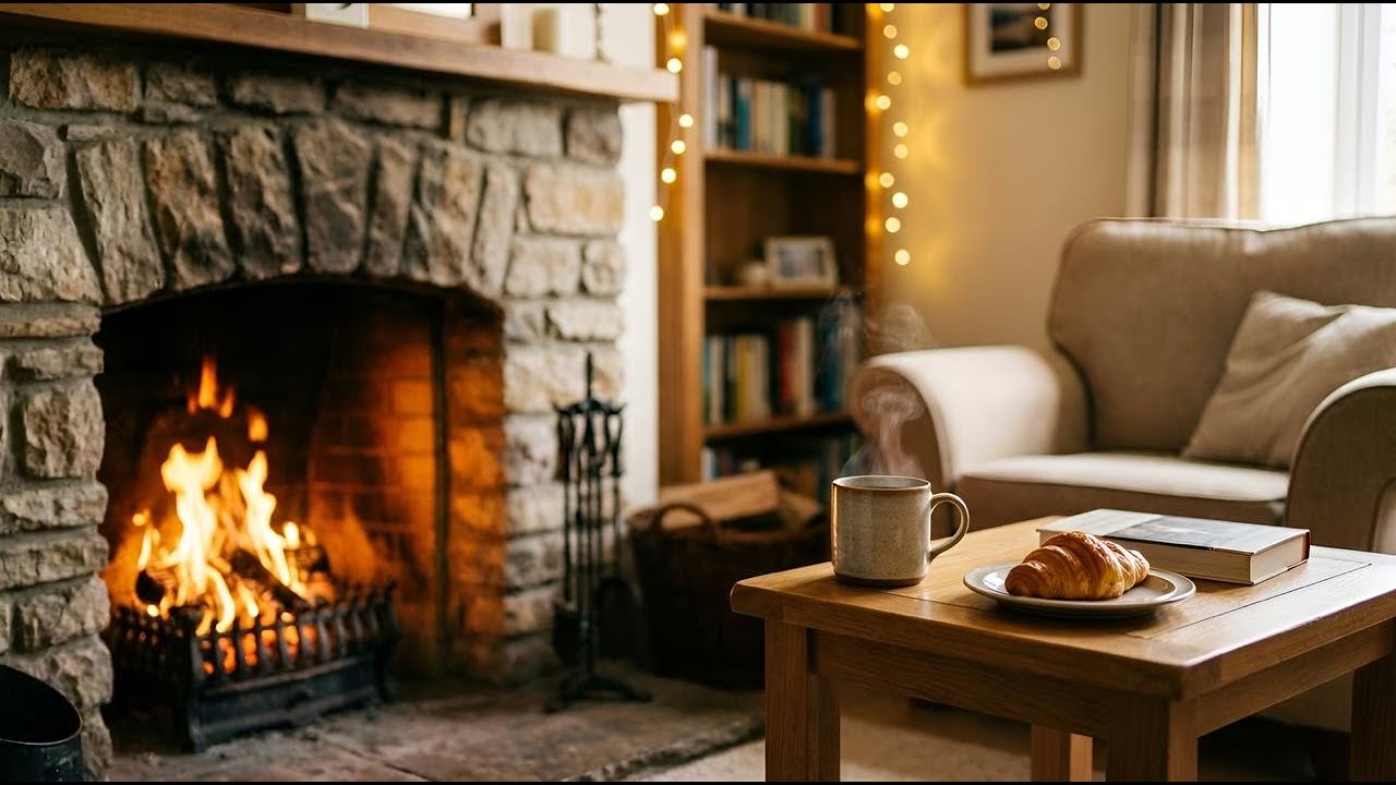Cozy Living Room with Crackling Fireplace Sounds