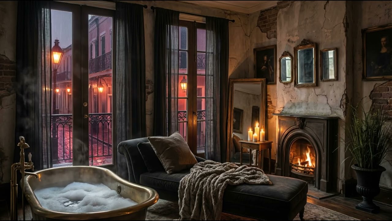 Relaxing Bubblebath | Continuous Rain, Thunder, & Fireplace Ambience | Relax or Sleep (6 Hours)