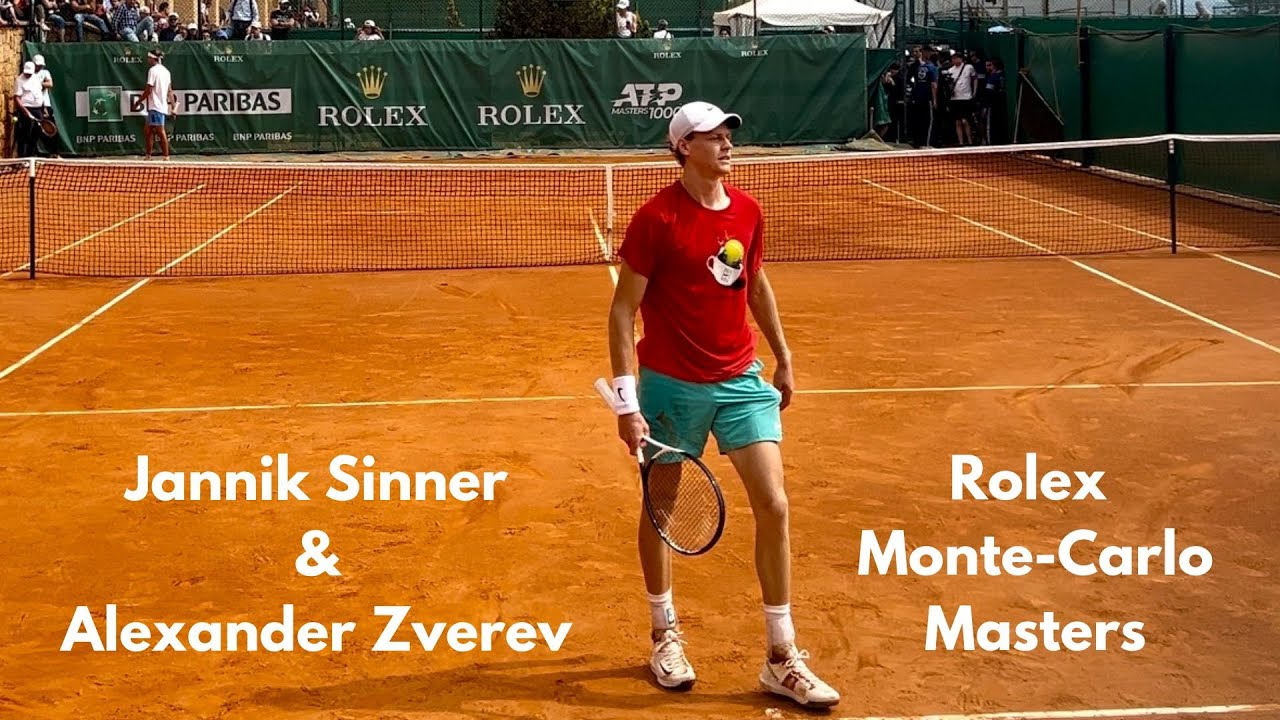 Jannik Sinner and Alexander Zverev practice at Rolex Monte-Carlo Masters 2024 - Court Level View