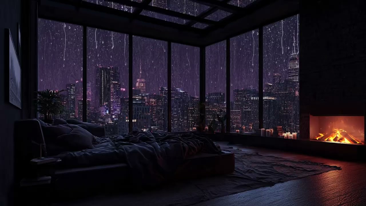 Late Night Urban Rain 🌙 | Peaceful Piano Melodies with Warm Fireplace Ambience