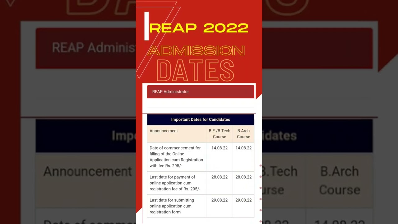 REAP 2022 DATES FOR B.TECH ADMISSION AUG 14 FULL SCHEDULE , FEE-295/-